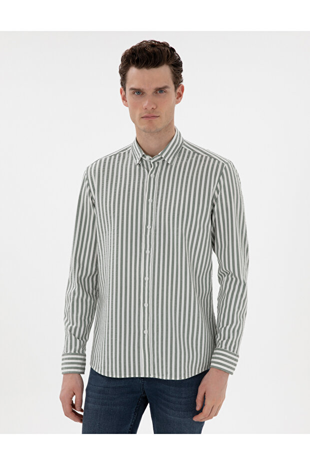 Khaki Regular Fit Striped Long Sleeve Shirt 50301533-Vr027