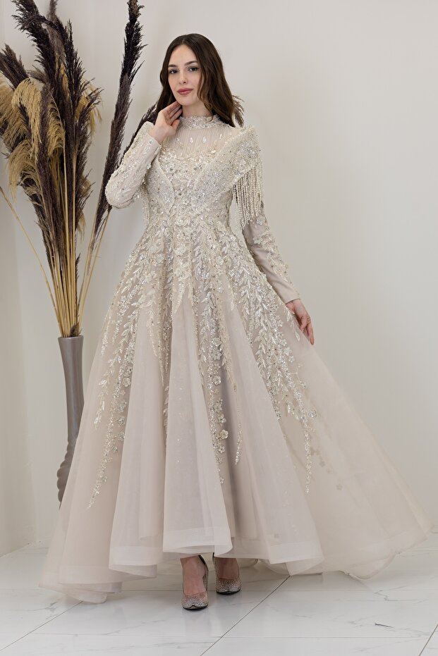 Omuzları V Drape Asel Abiye - 1