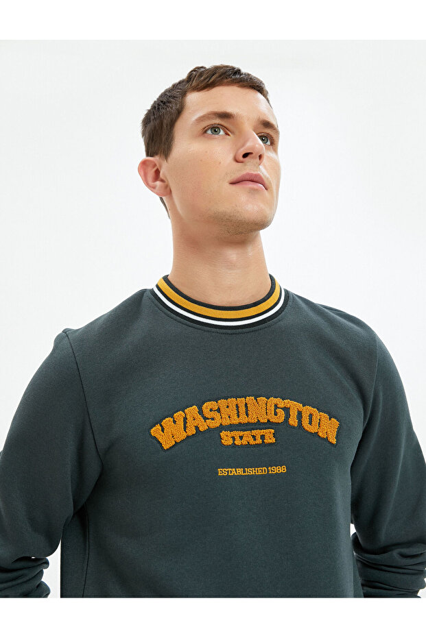 College Sweatshirt Plush Applique Detailed Striped Long Sleeve Crew Neck Khaki