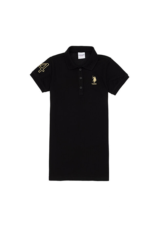 Girls Black Polo Neck Short Sleeve A-Form Basic Knitted Dress 50299969-Vr046