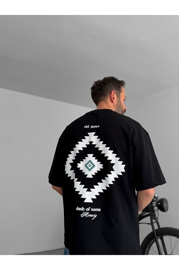 Siyah Aztek Kabartmalı Oversize T-Shirt RES-5175 - 7
