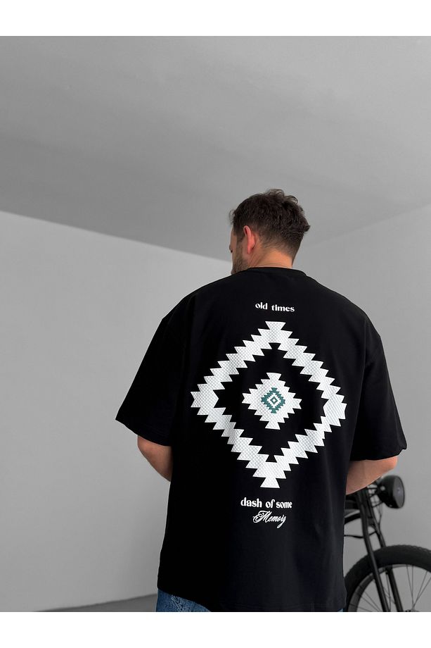 Siyah Aztek Kabartmalı Oversize T-Shirt RES-5175 - 6