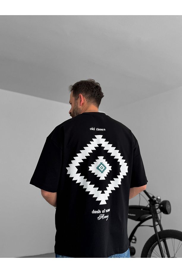 Siyah Aztek Kabartmalı Oversize T-Shirt RES-5175 - 5
