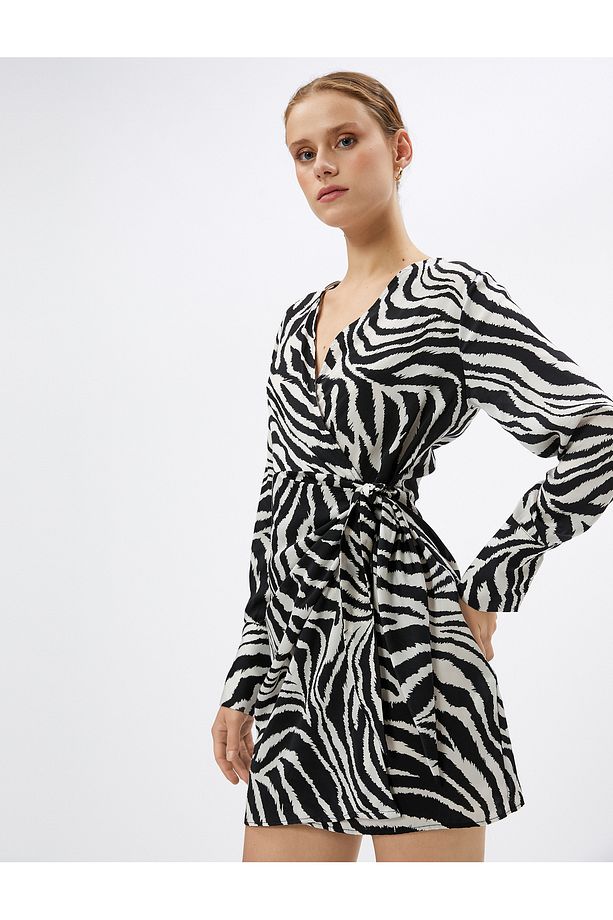 Zebra Desenli Elbise Mini Anvelop Uzun Kollu V Yaka - 2