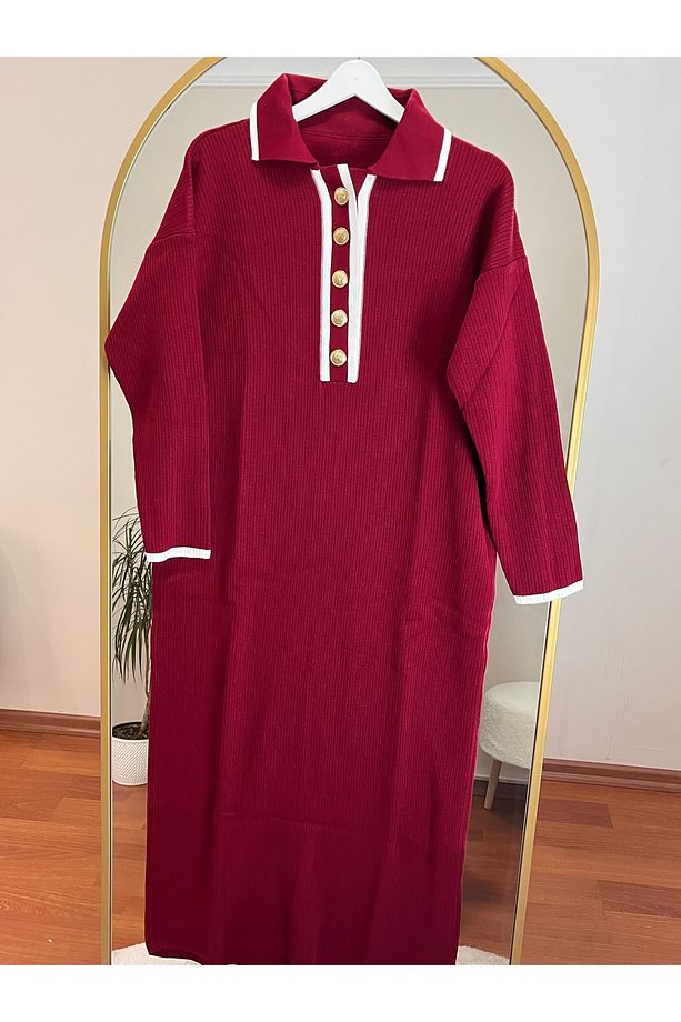 Önü Düğmeli Triko Bordo Oversize Elbise - 2