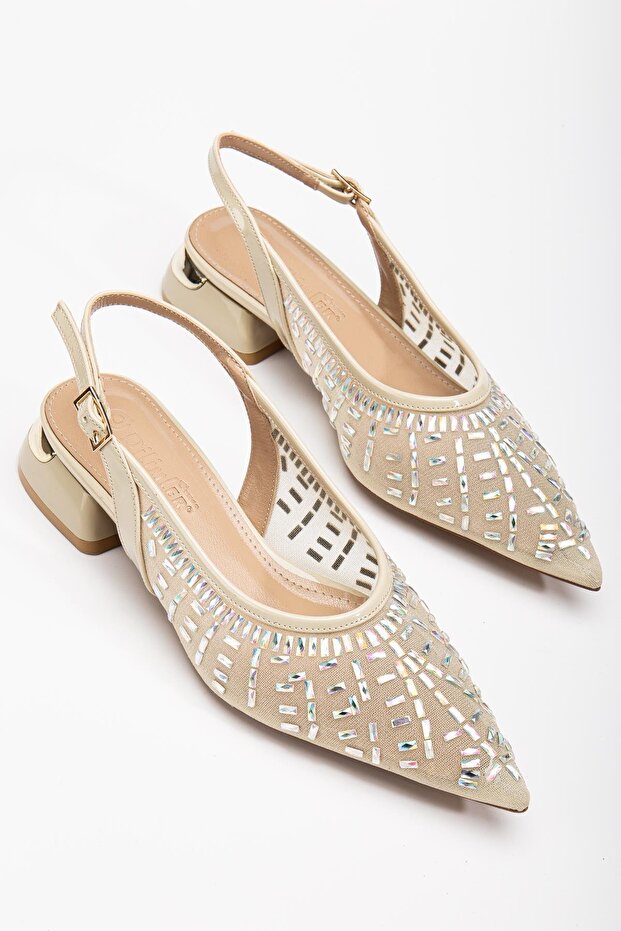 Women's Short Heeled Evening Dress Shoes Silver Mesh Stone Embellished Heel Open