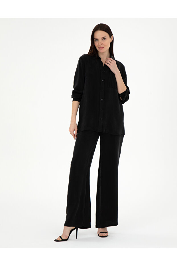 Black Copper Fabric Loose Fit Trousers 50305978-Vr046