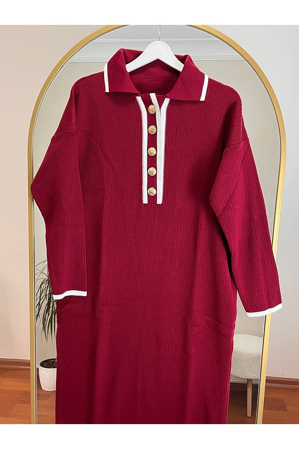 Önü Düğmeli Triko Bordo Oversize Elbise - 3