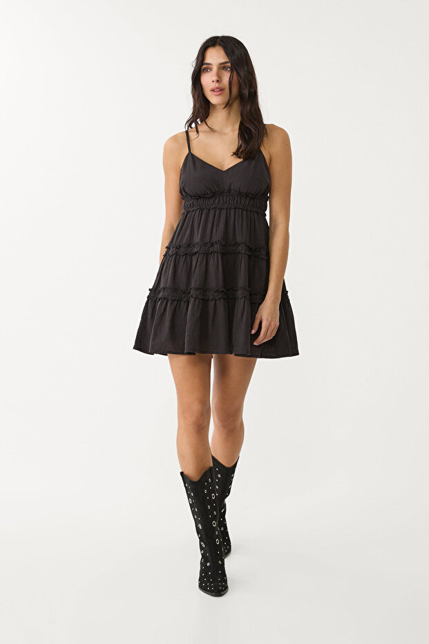 Fırfırlı askılı kısa elbise - 2