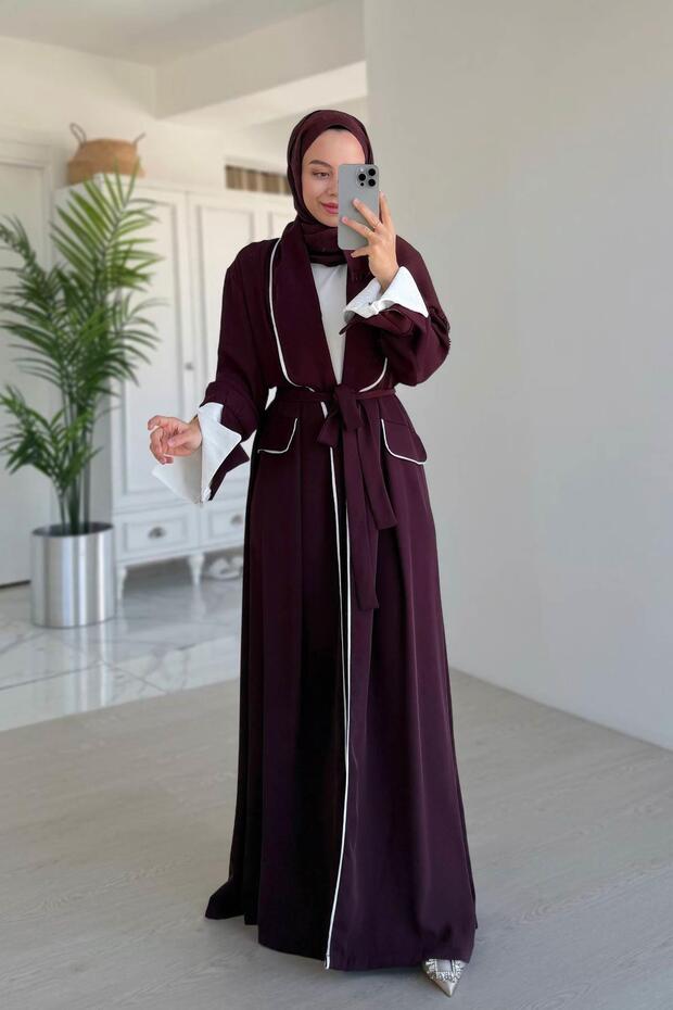 Piping Detail Tied Hijab Abaya - Burgundy