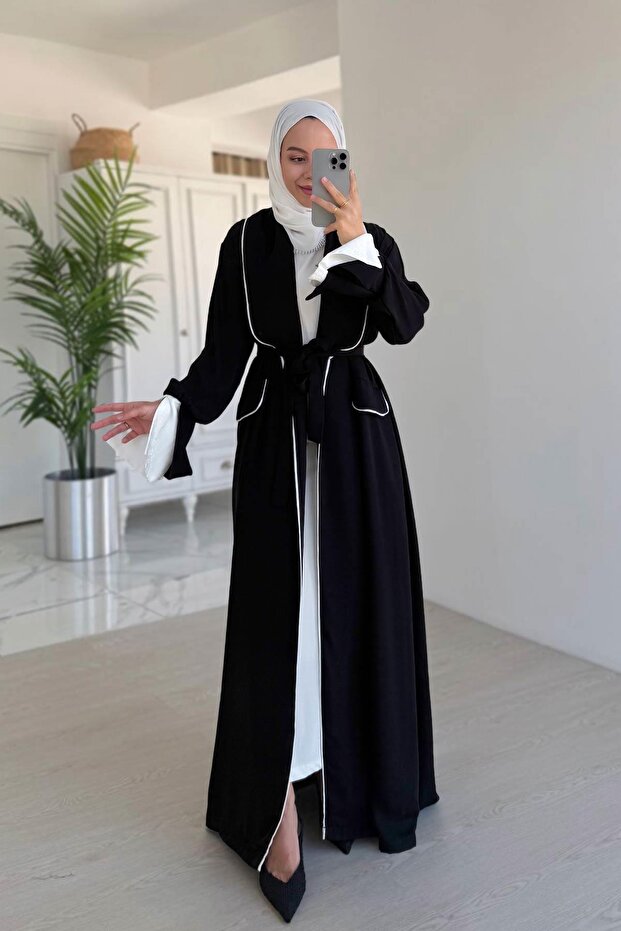 Abaya with Piping Detail and Tie - Black