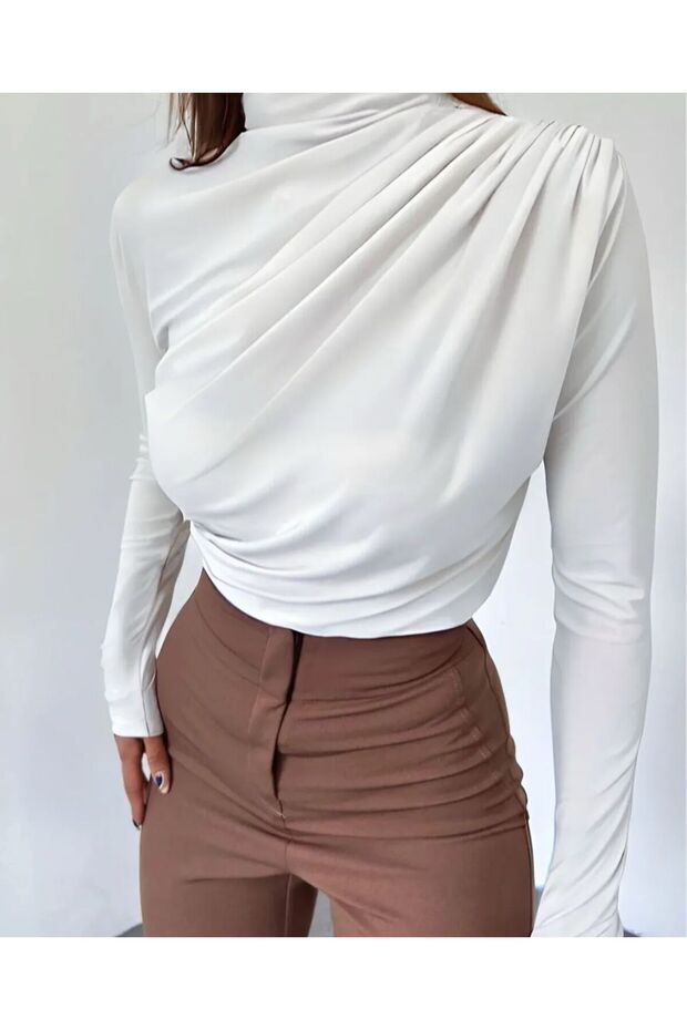 White Long Sleeve Shirred Blouse
