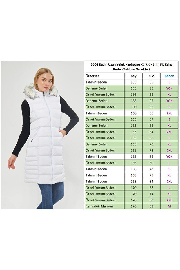 Weiße lange Weste für Damen mit Kapuze und Fell - 2