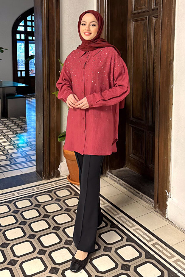 Taşlı Oversize Gömlek - Mürdüm - 1