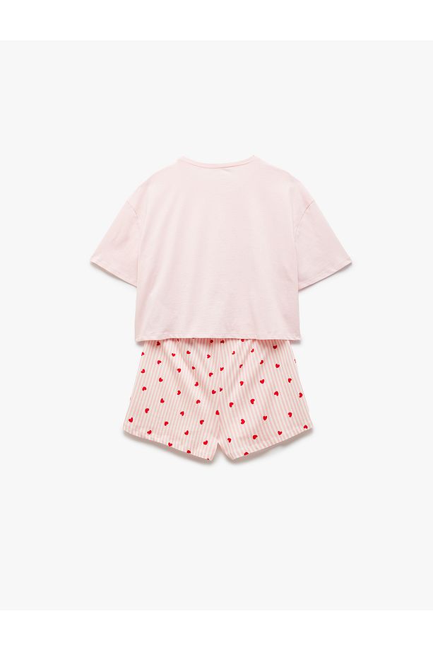 Pamuklu Bisiklet Yaka Kısa Kollu Kalpli Şort Pijama Takımı - 4