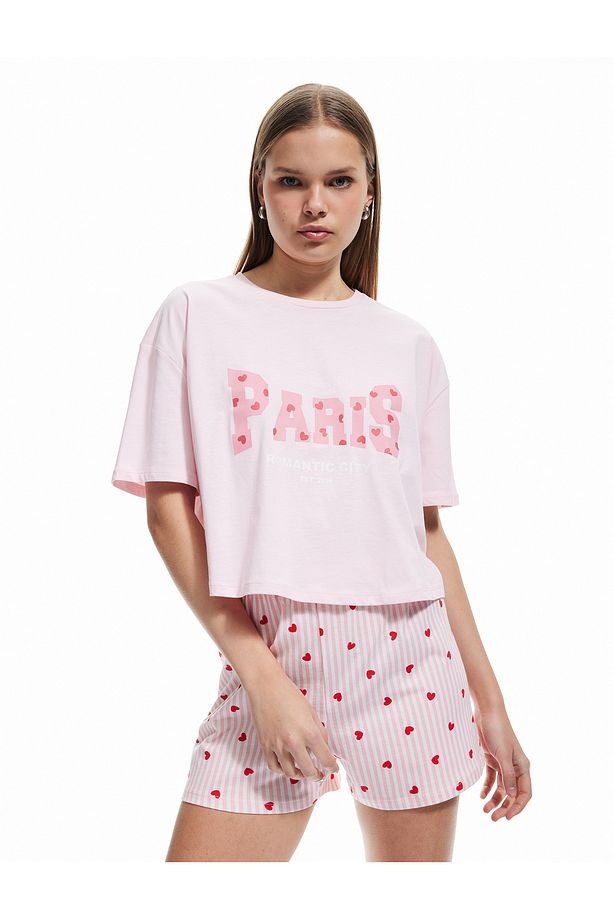 Pamuklu Bisiklet Yaka Kısa Kollu Kalpli Şort Pijama Takımı - 2