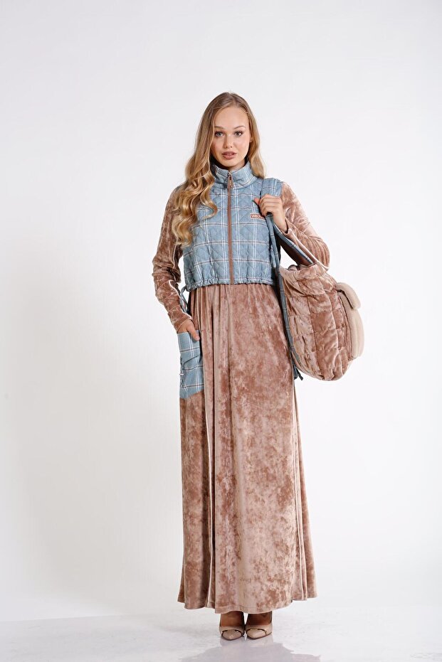 Ekose Kapitone Ve Biye Detaylı Uzun Kadife Elbise - 1