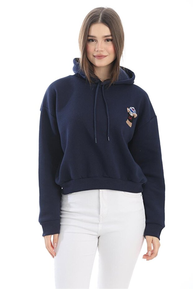 Embroidered Hooded Oversize Sweatshirt Navy Blue