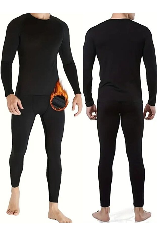 Unisex Black Bottom Top Set Thermal Underwear with Beanie Gift