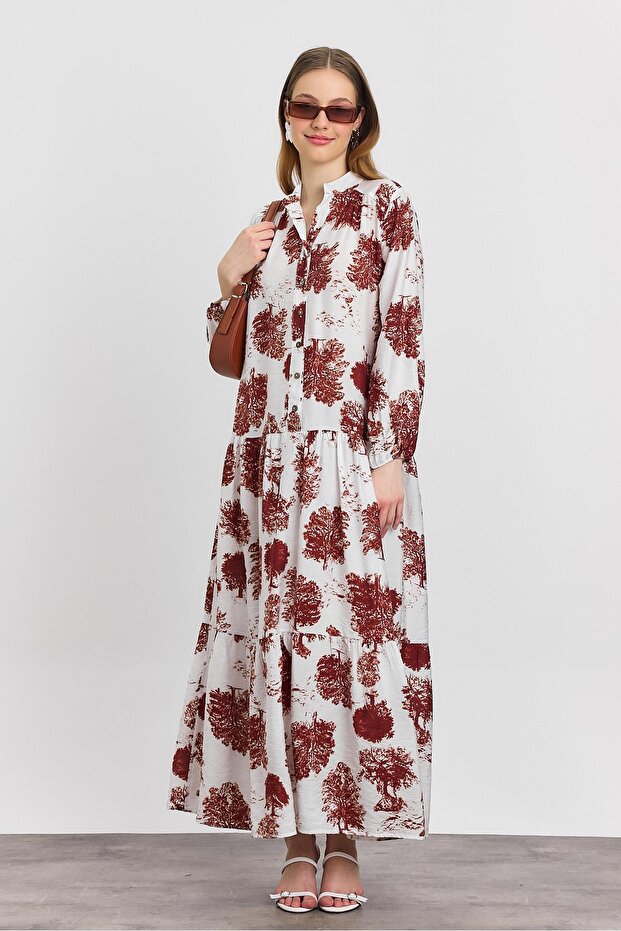 4465A Tree Pattern Buttoned Dress Brown - 1