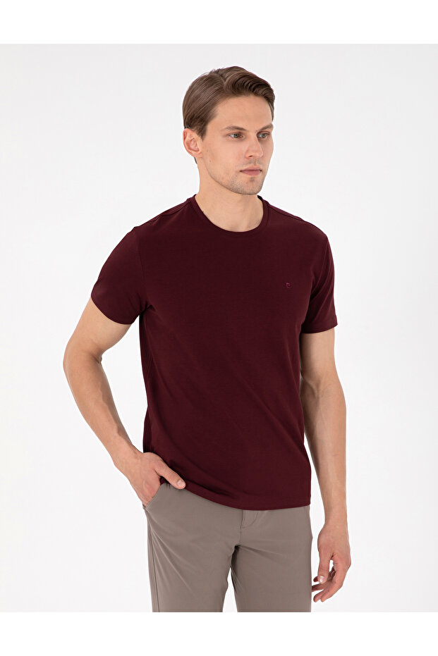 Burgundy 100% Cotton Slim Fit Crew Neck Basic T-Shirt 50306980-Vr014
