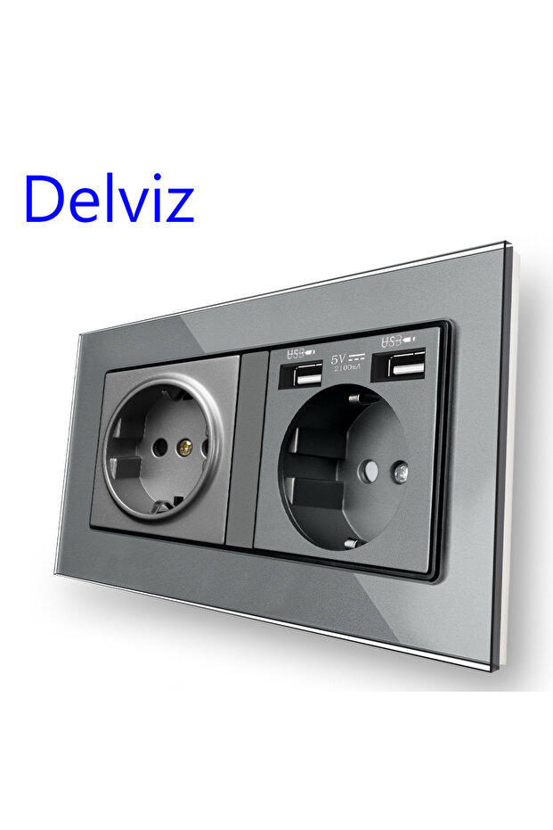 110-250V EU Socket (2 usb) Delviz Double Power Socket, Tempered Crystal Glass Panel, USB charging in
