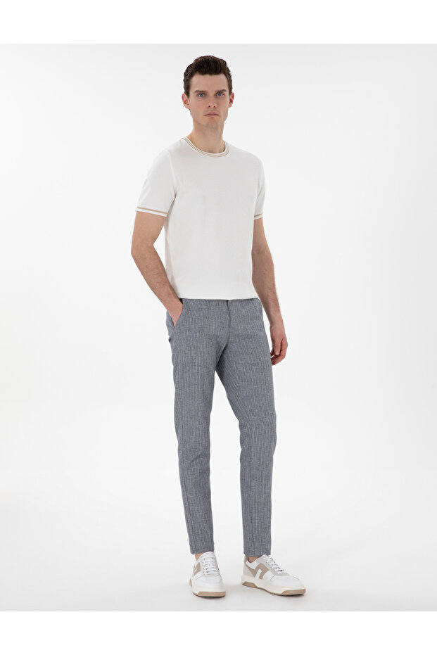 Navy Blue Slim Fit Linen Blended Striped Canvas Trousers 50301778-Vr033
