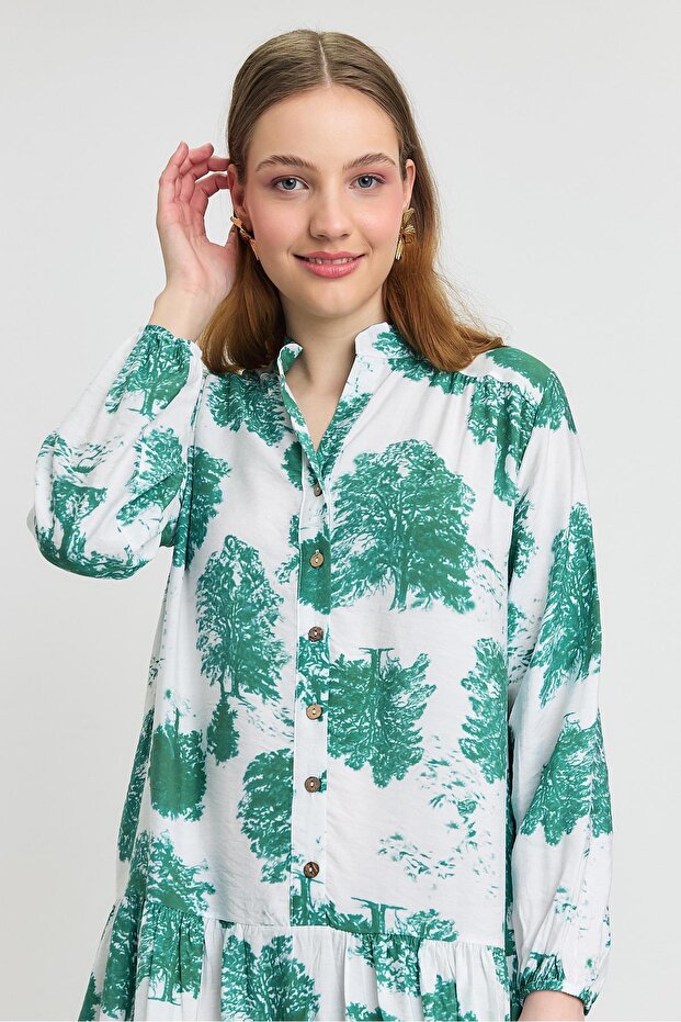 فستان بأزرار فيروزي 4465A نمط شجرة - 6