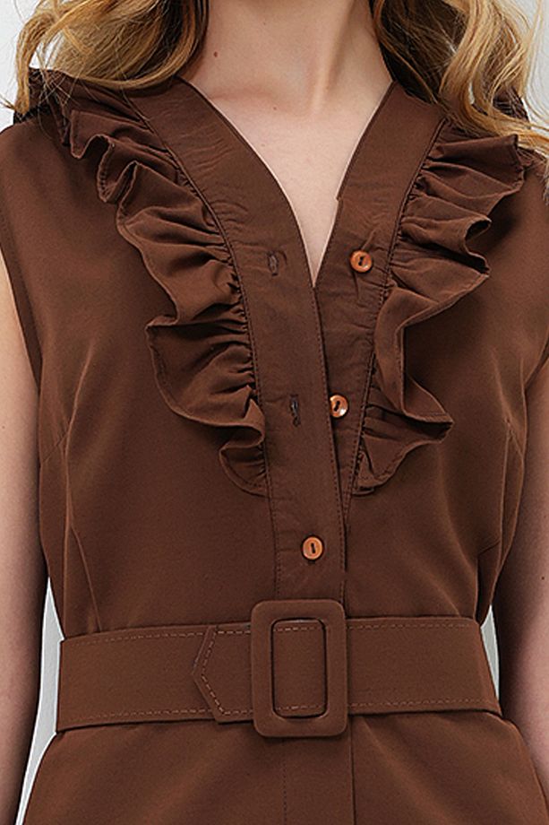 Kadın Acı Kahve Önü Fırfırlı Kemerli Poplin Dokuma Elbise Prmx11609 - 3