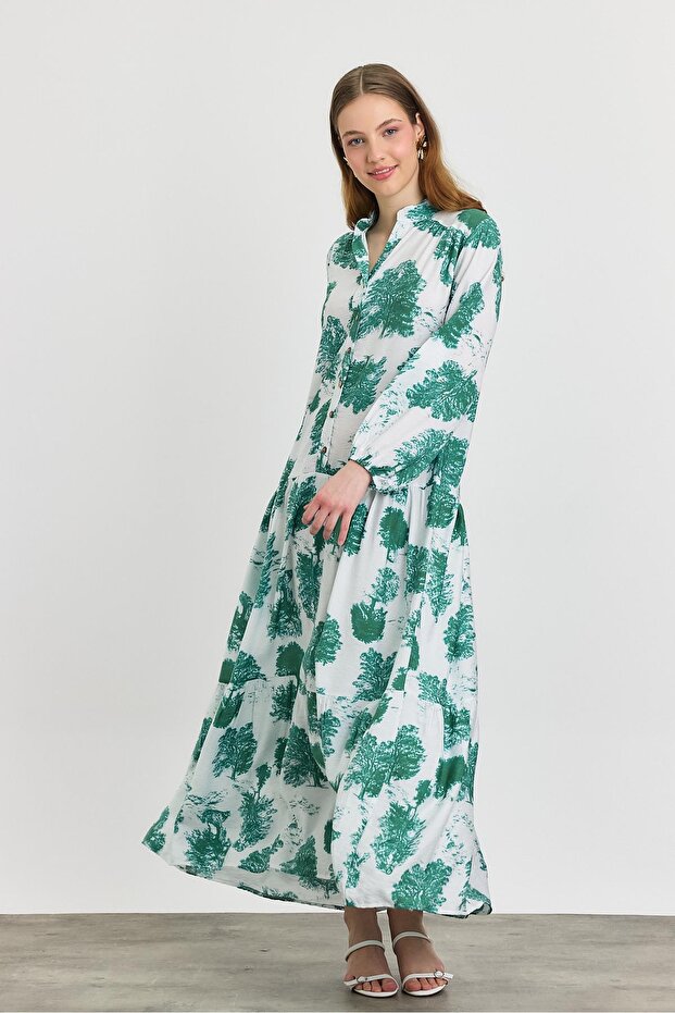 فستان بأزرار فيروزي 4465A نمط شجرة - 3