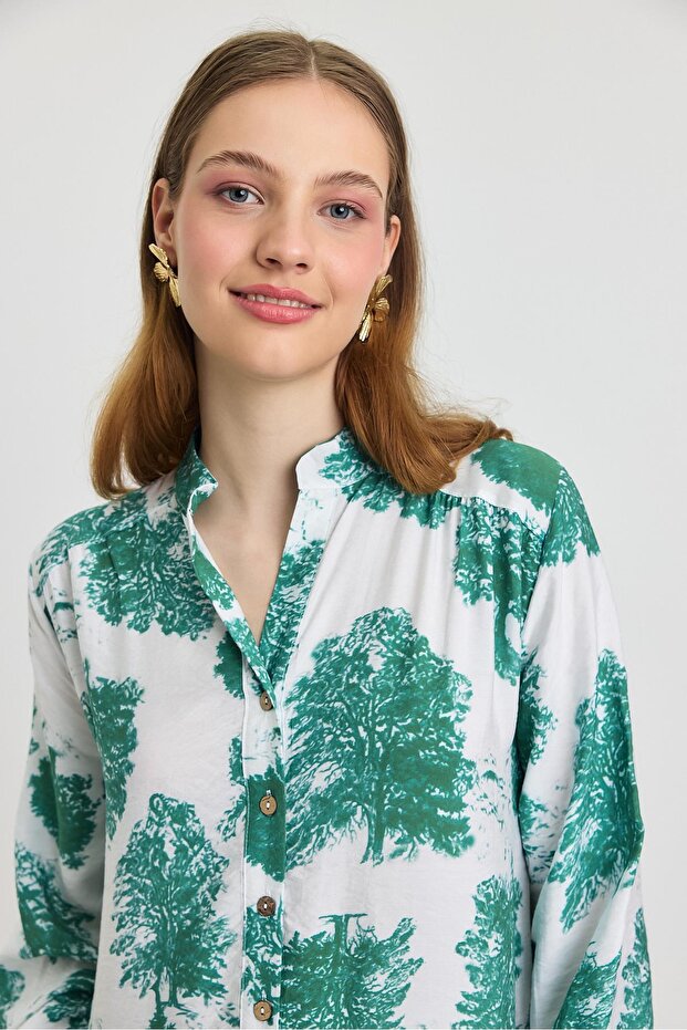 فستان بأزرار فيروزي 4465A نمط شجرة - 4