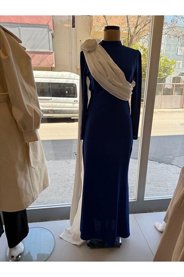 Katarina Cape Shoulder Rose Evening Dress