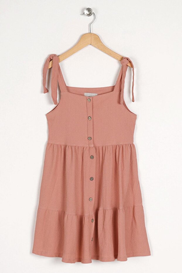 Strappy Front Buttoned Dusty Rose Color Girl's Dress