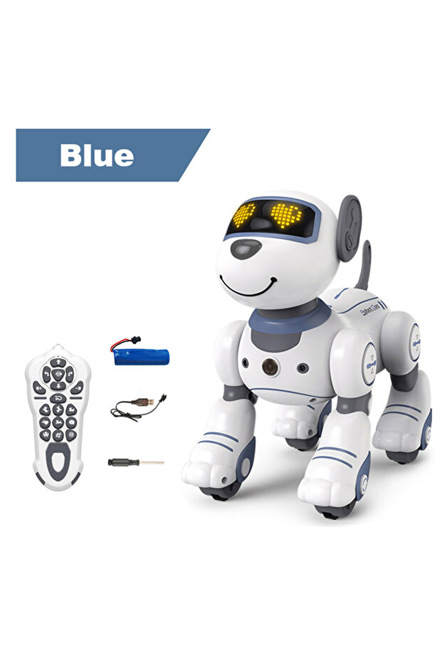 كلب روبوتي ذكي أبيض اللون يعمل عن بعد، مزود بأوامر صوتية قابلة للبرمجة، يعمل باللمس