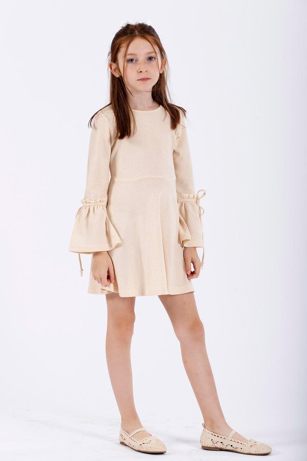 Crew Neck Long Sleeve Ecru Color Girl's Dress