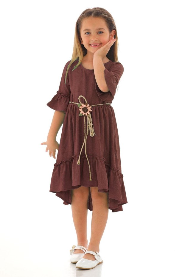 Crew Neck Watermelon Sleeve Waist Straw Belted Dark Brown Color Girl's Dress