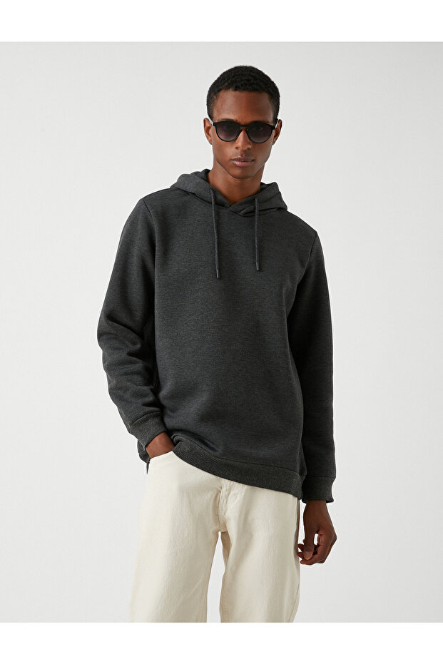 Basic Kapşonlu Sweatshirt Şardonlu - 3