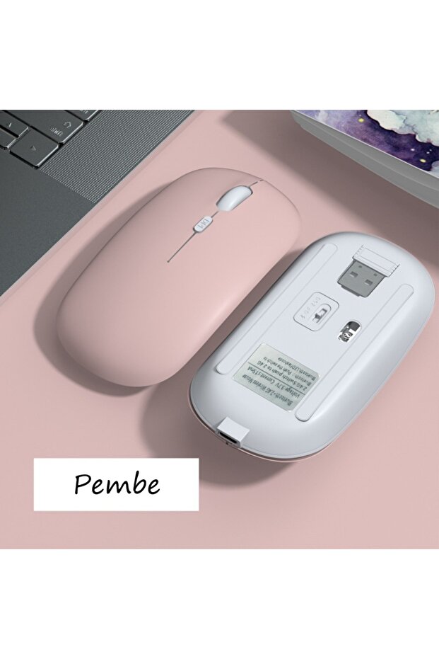Apple İle Uyumlu İpad Şarj Edilebilir Sessiz Mouse Bluetooth + 2.4Hz Wifi Kablosuz Mouse Fare - 1