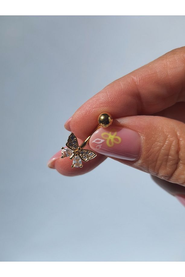 Kelebek  Zirkon Taşlı Sade  Çelik Göbek Piercing - 4
