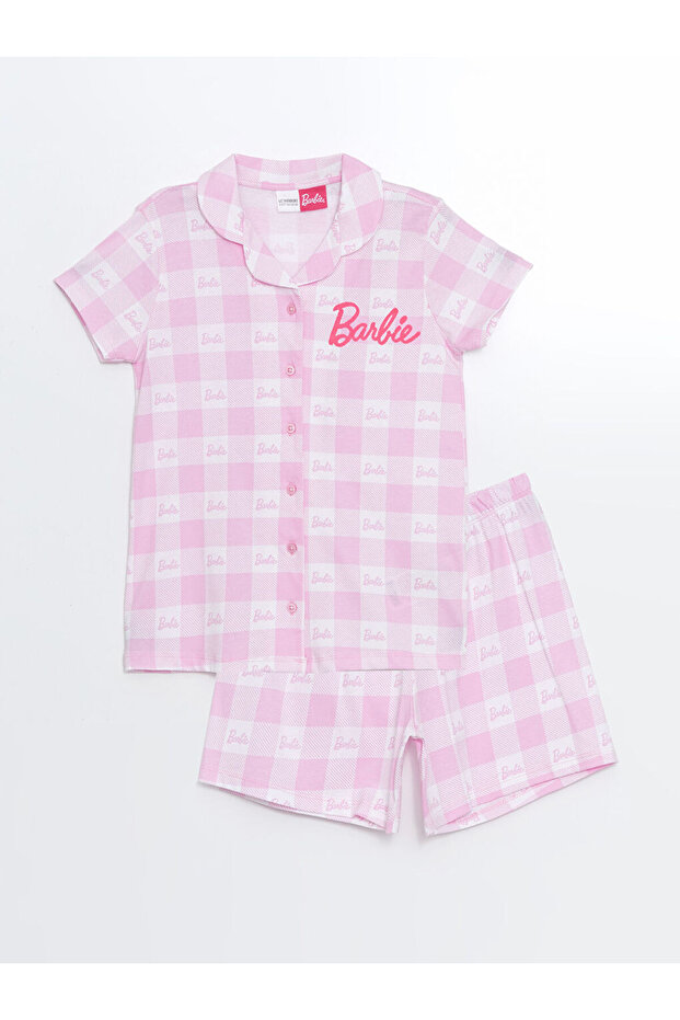 White Shirt Collar Barbie Printed Girls' Pajama Set with Shorts