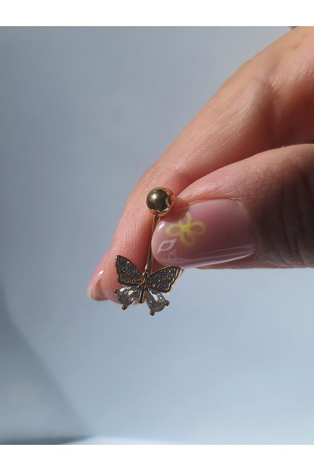 Kelebek  Zirkon Taşlı Sade  Çelik Göbek Piercing - 8