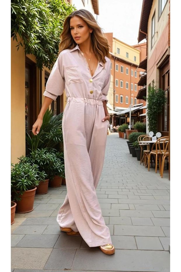 Women's Stone Pocketed Long Sleeve Elastic Waist Loose Cut Kupra Jumpsuit Suitable for Hijab 3360506
