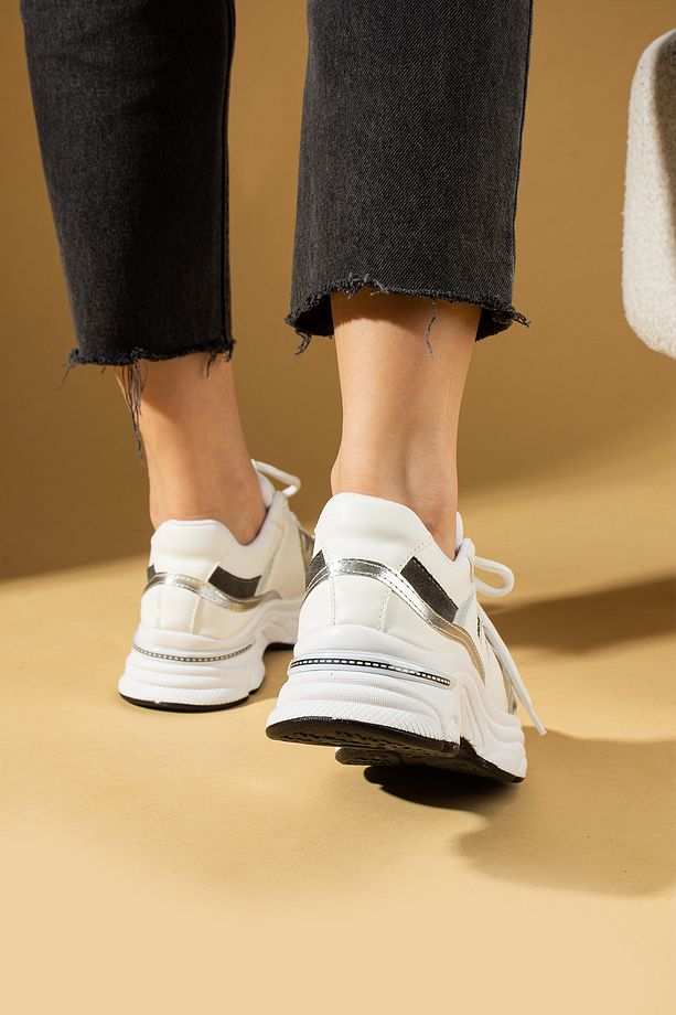 Yeni Sezon Beyaz Kadın Spor Sneaker Bağcıklı Günlük Rahat Taban Ayakkabı - 3