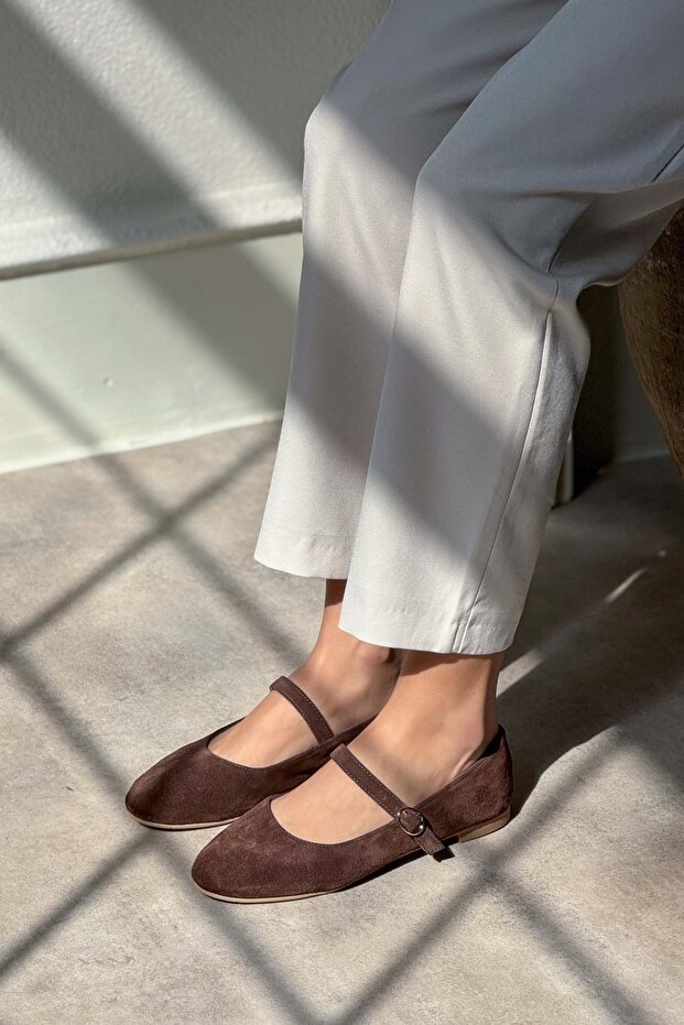 Damskie baleriny Desire Brown Genuine Suede Buckle Flat Sole - 8