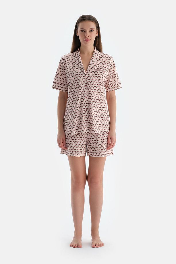 Açık Pembe Metraj Baskılı Penye Modal Gömlek Şort Pijama Takımı - 1
