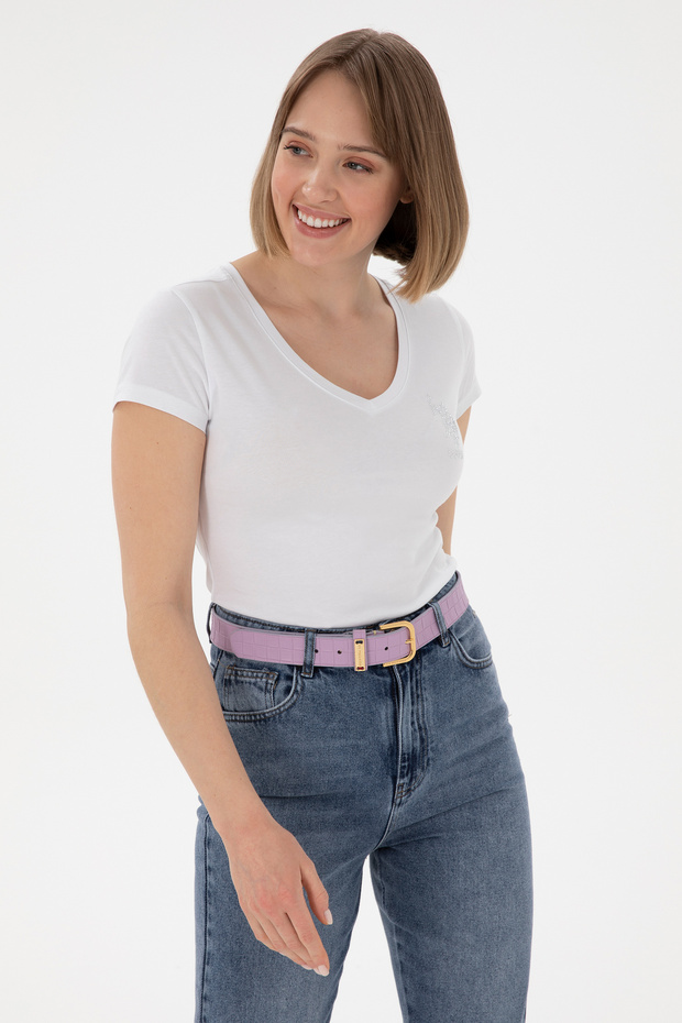 Women's White V-Neck Basic T-Shirt 50300828-Vr013