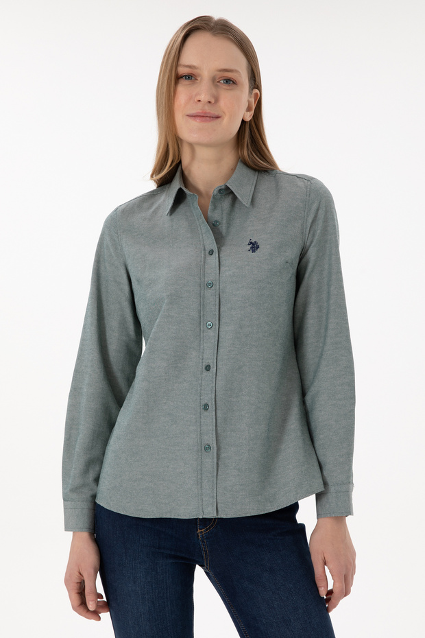 Women's Dark Green Long Sleeve Basic Shirt 50297002 -Vr079