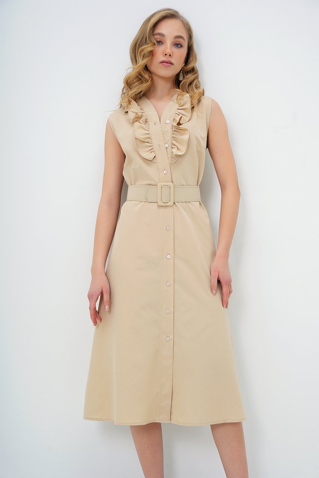 Women's Beige Frilled Front Belt Poplin Woven Dress ALC-X11609