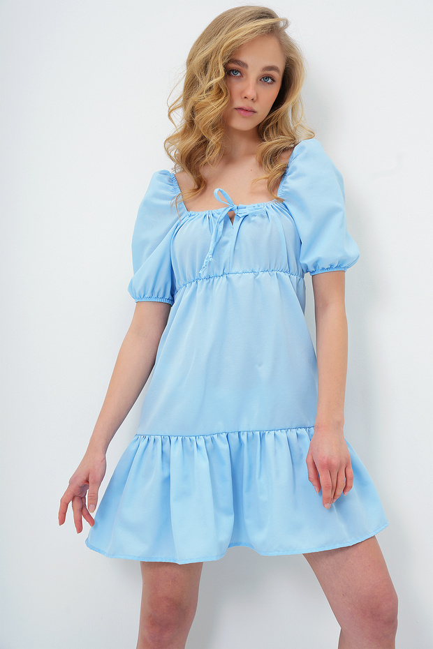 Kadın Bebe Mavi Kare Yaka Balon Kol Poplin Mini Elbise ALC-X13594 - 5