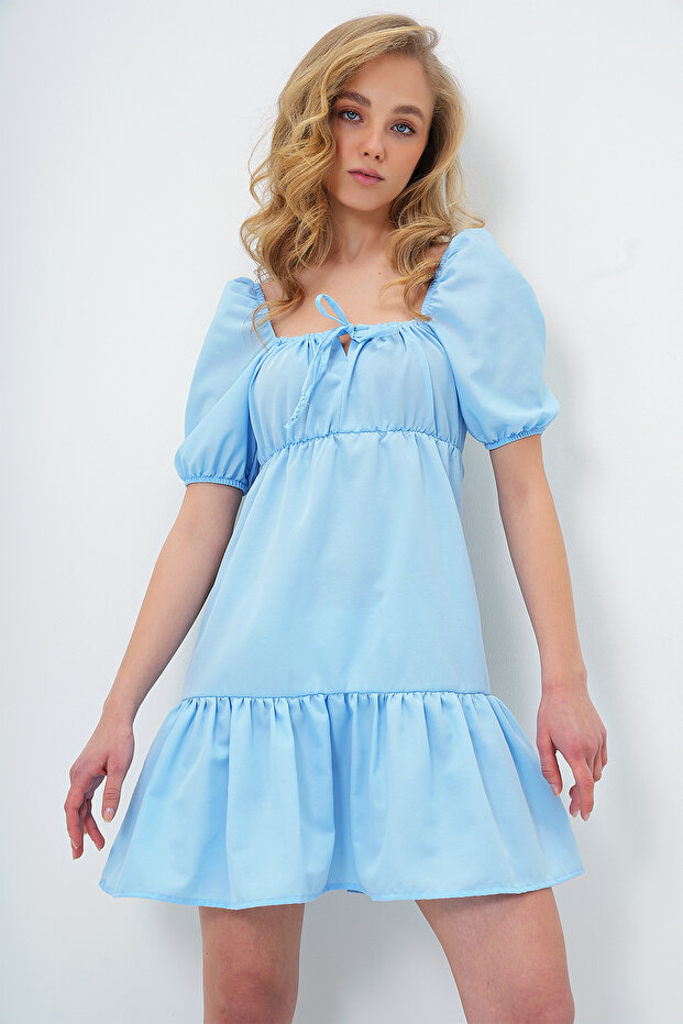 Kadın Bebe Mavi Kare Yaka Balon Kol Poplin Mini Elbise ALC-X13594 - 2